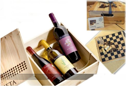 Backgammon oder Dame Spiele-Holzbox gefüllt mit 3 x 0,75 l Wein von Planeta